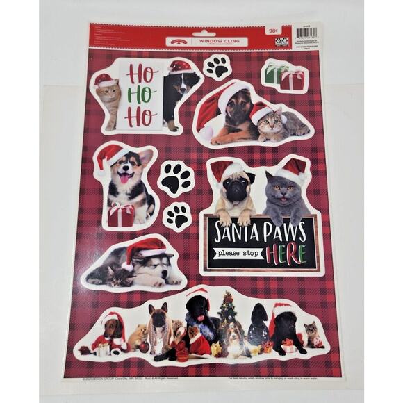 Christmas Window Clings Sticker Decals Holiday Decor Cat Dog Santa Paws Here U13 - Picture 1 of 4